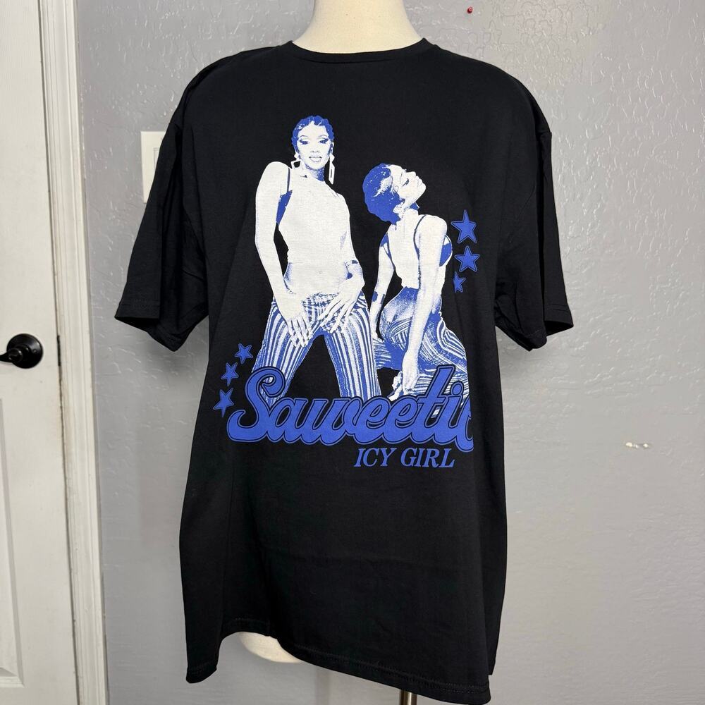 Saweetie Rap T-Shirt Icy Girl Graphic Tee Black Blue White Stars Size XL